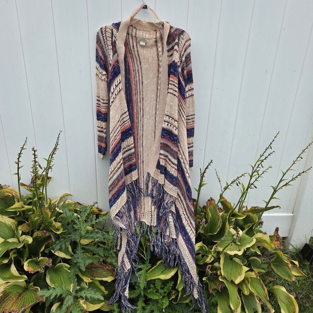 Lucky Brand Open Front Fringe Cardigan Sweater Size L Boho Duster Earth Tones